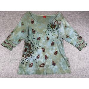 Glima Woman Top Women 1X Green Good Vintage Tie Dye Floral 3/4 Sleeve Cotton